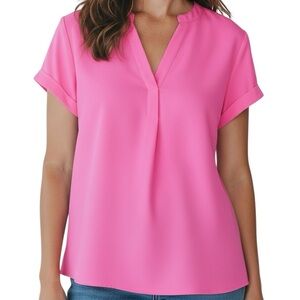NWT VINCE CAMUTO Bright Pink Short Sleeve Split V-Neck Blouse Size X-Large